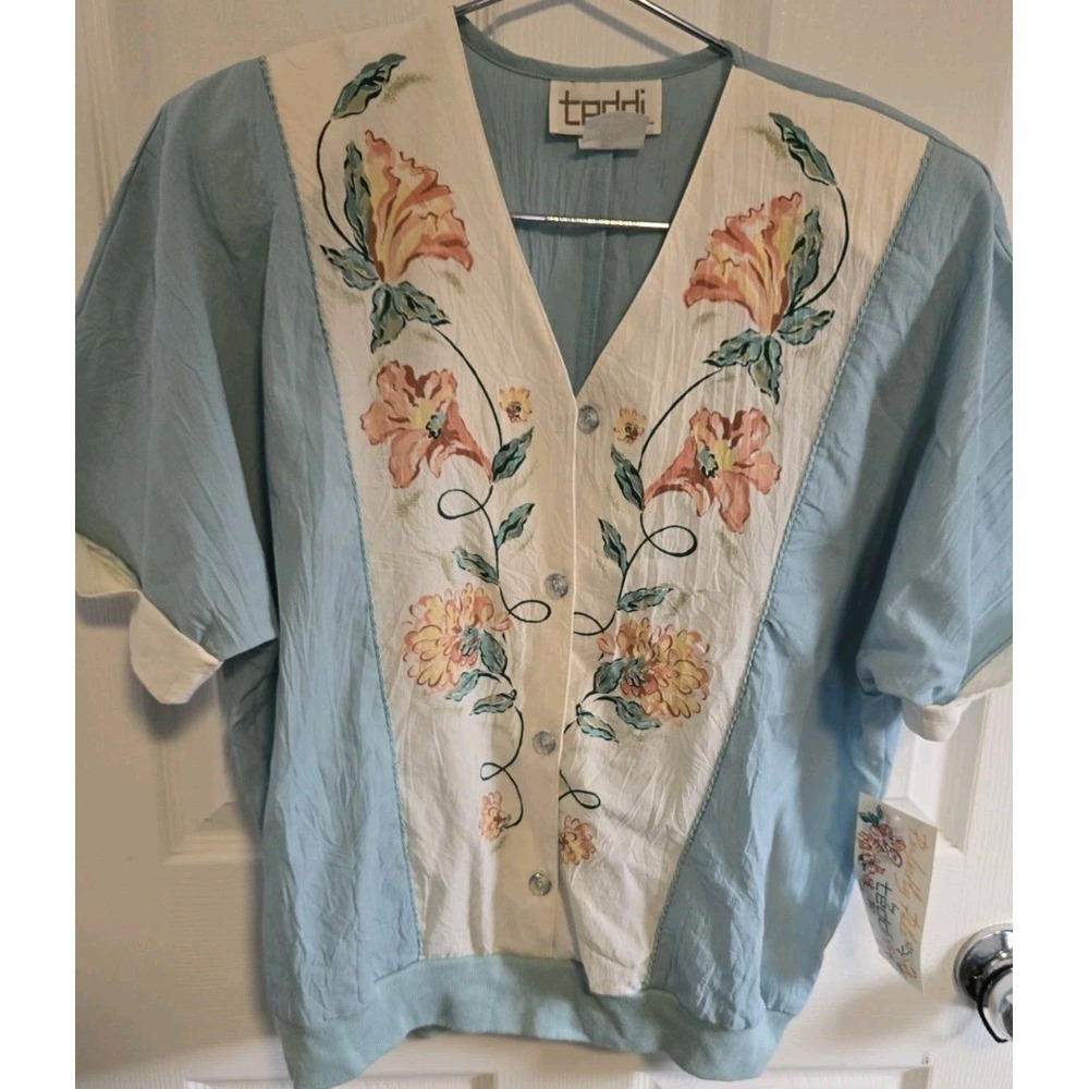 Vintage Teddi Floral Blouse NWT Womens Large Made USA Deadstock Cottagecore Pads
